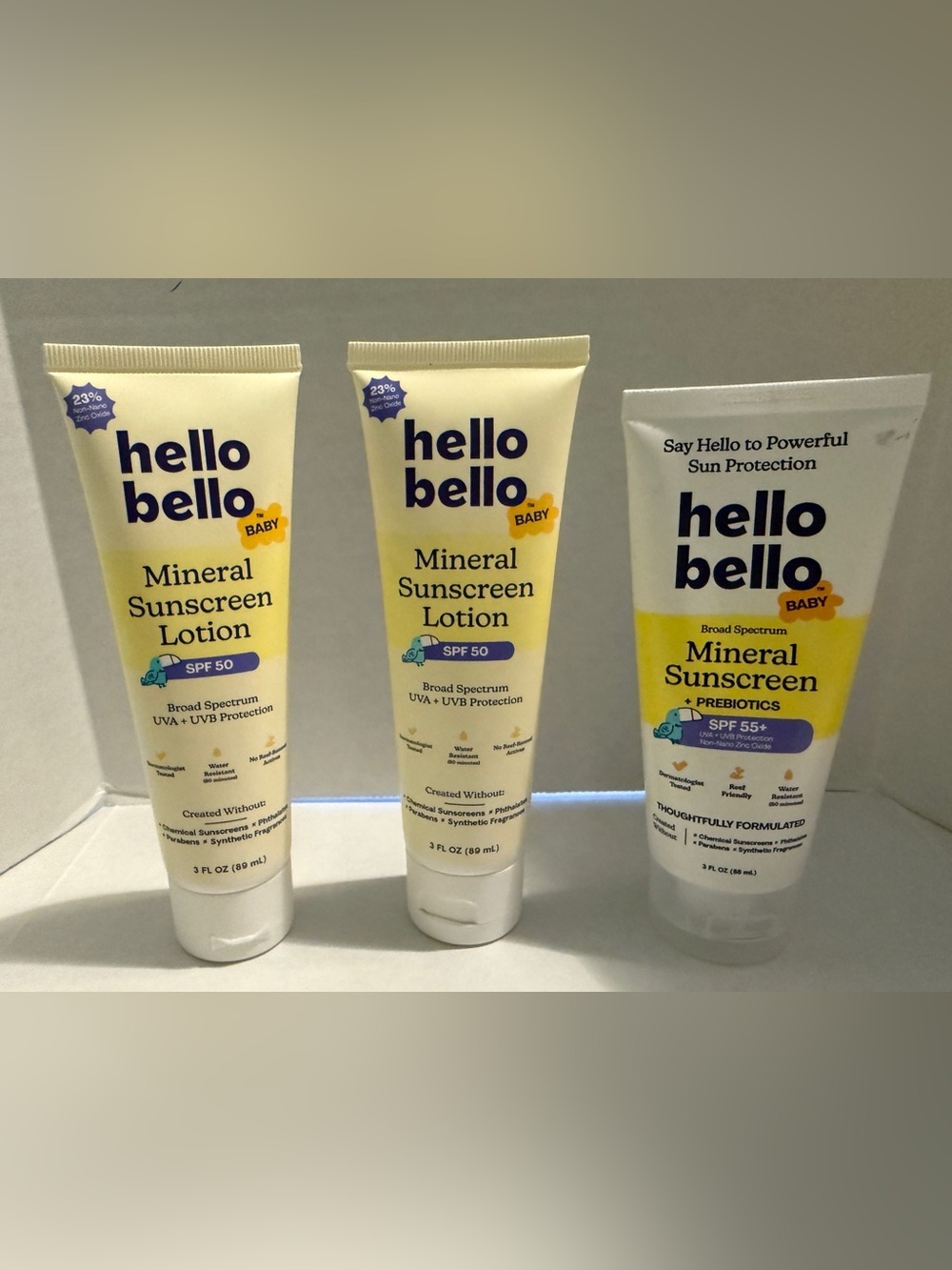 Hello Bello Baby Mineral Sunscreen Lotion (3 tubes) 3 fl oz (SPF 50 & 55) READ